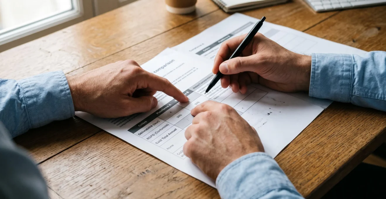 Mains professionnelles examinant des documents de comparaison imprimés avec critères et notes sur une surface en bois