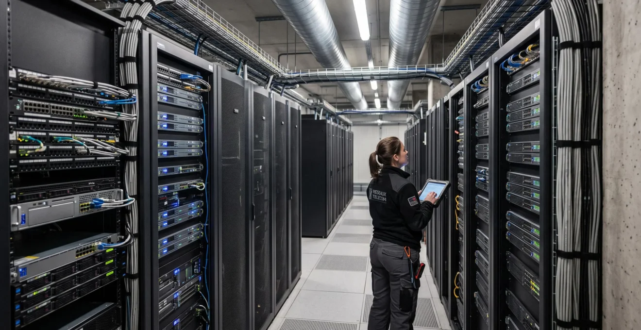 Technicien réseau supervisant l'infrastructure de serveurs dans un centre de données télécommunications français