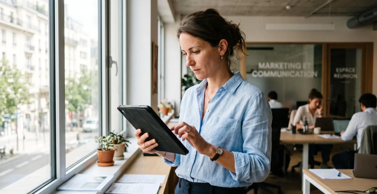 Responsable marketing debout dans un bureau moderne français, utilisant une tablette pour gérer une campagne SMS