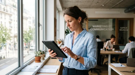 Responsable marketing debout dans un bureau moderne français, utilisant une tablette pour gérer une campagne SMS