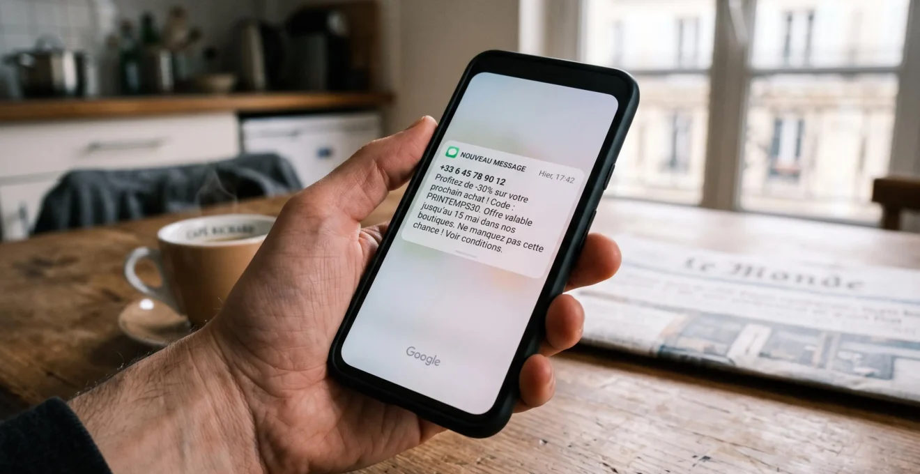 Main tenant un smartphone affichant une notification SMS marketing en français